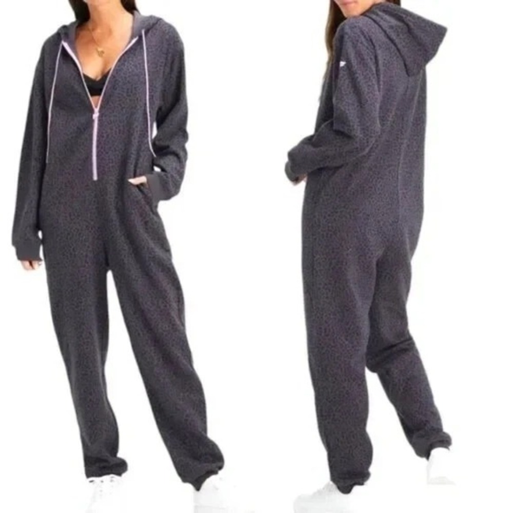 Fabletics Fleece Hooded Jumpsuit Womens Large Purple Black Leopard Print